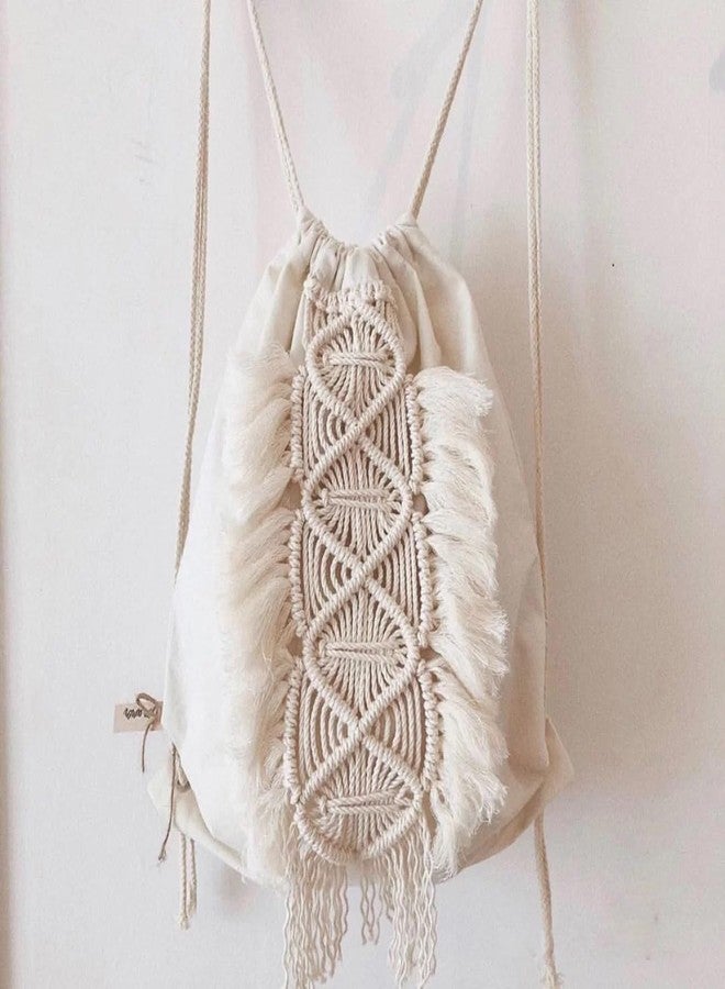 kiido Drawstring Backpack, Bohemian Style String Bag with Tassel and Macrame Fringe Canvas Beach Sport Daypack Sackpack - Image 3