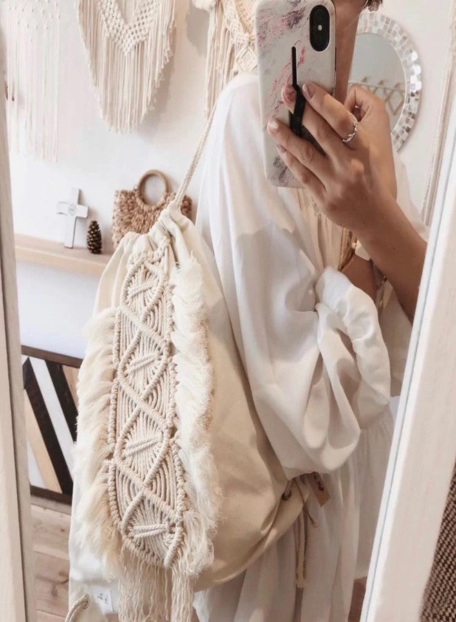 kiido Drawstring Backpack, Bohemian Style String Bag with Tassel and Macrame Fringe Canvas Beach Sport Daypack Sackpack - Image 2