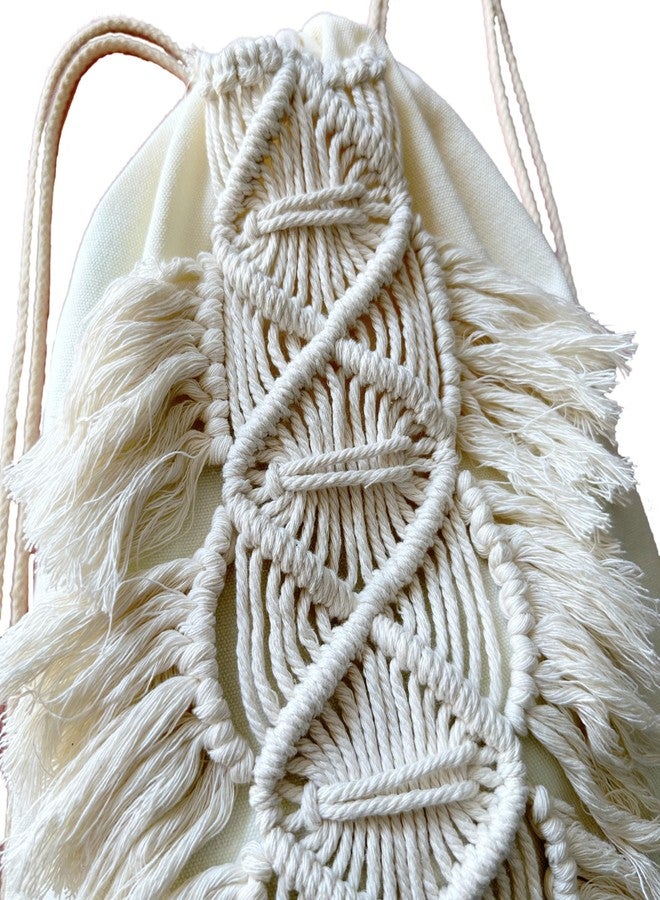 kiido Drawstring Backpack, Bohemian Style String Bag with Tassel and Macrame Fringe Canvas Beach Sport Daypack Sackpack - Image 5