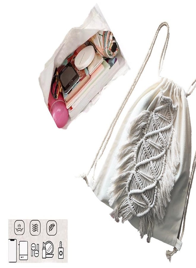 kiido Drawstring Backpack, Bohemian Style String Bag with Tassel and Macrame Fringe Canvas Beach Sport Daypack Sackpack - Image 4