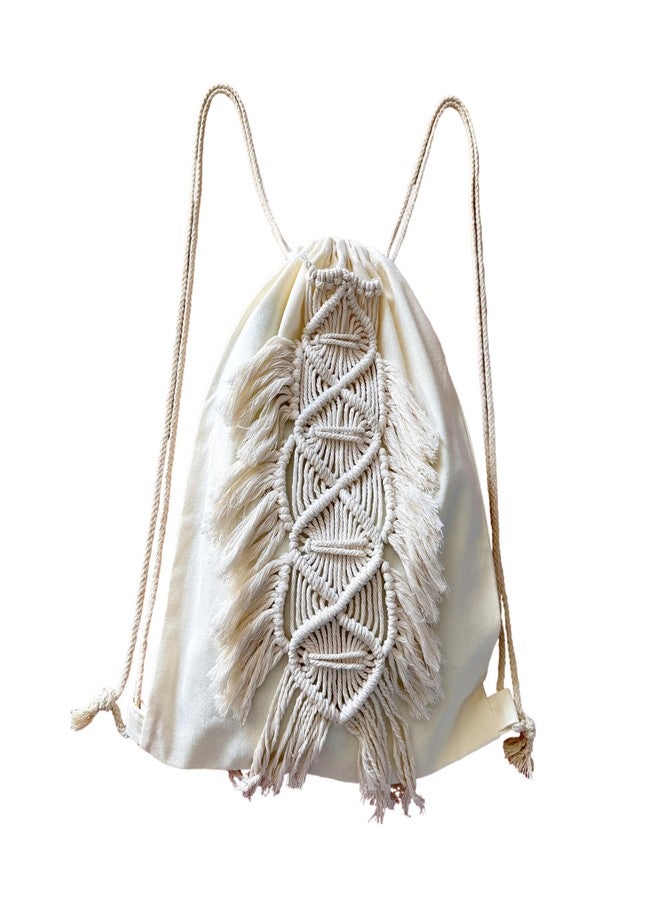 kiido Drawstring Backpack, Bohemian Style String Bag with Tassel and Macrame Fringe Canvas Beach Sport Daypack Sackpack - Image 1