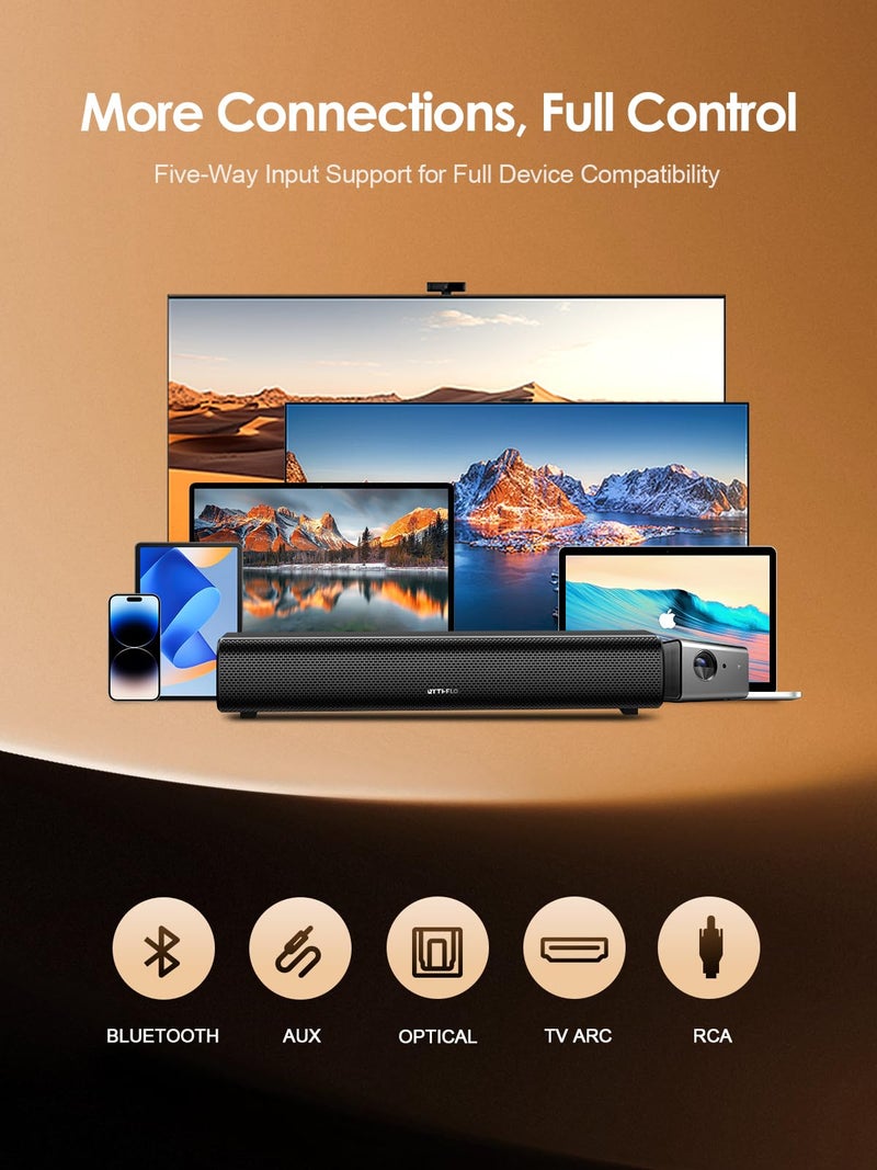 Rythflo بار صوت بلوتوث Rythflo 60W، بار صوت مدمج 16 بوصة مع جهاز تحكم عن بعد، 8 أوضاع ضوء لهب، اتصالات بصرية/ARC/AUX/RCA، مكبر صوت مسرح منزلي قابل للتعليق على الحائط للتلفاز، الكمبيوتر، البروجيكتور، الألعاب - Image 5