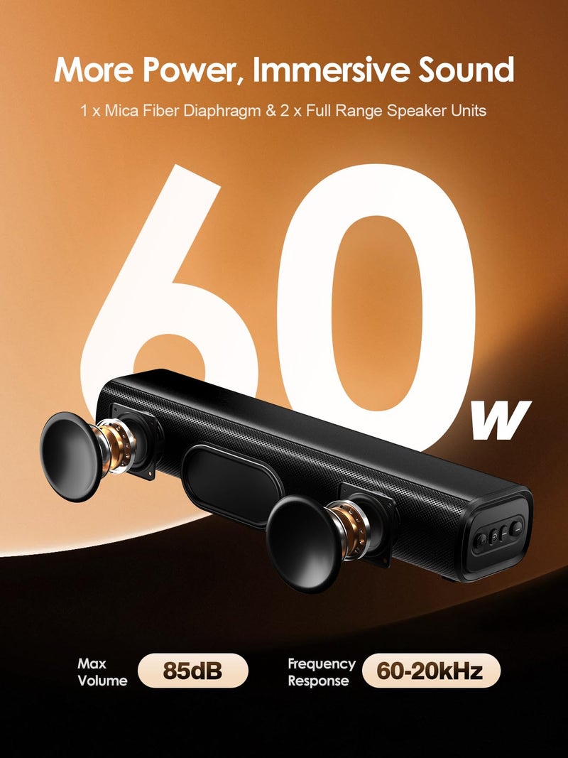 Rythflo بار صوت بلوتوث Rythflo 60W، بار صوت مدمج 16 بوصة مع جهاز تحكم عن بعد، 8 أوضاع ضوء لهب، اتصالات بصرية/ARC/AUX/RCA، مكبر صوت مسرح منزلي قابل للتعليق على الحائط للتلفاز، الكمبيوتر، البروجيكتور، الألعاب - Image 2