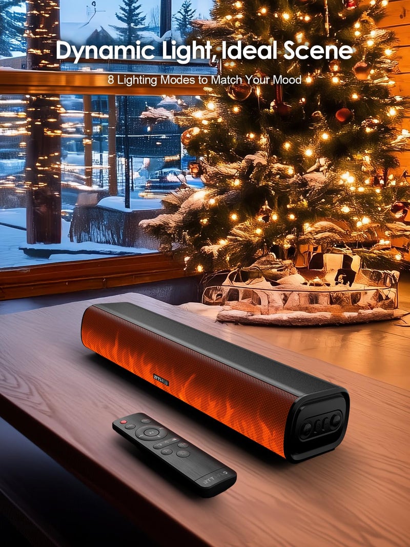 Rythflo بار صوت بلوتوث Rythflo 60W، بار صوت مدمج 16 بوصة مع جهاز تحكم عن بعد، 8 أوضاع ضوء لهب، اتصالات بصرية/ARC/AUX/RCA، مكبر صوت مسرح منزلي قابل للتعليق على الحائط للتلفاز، الكمبيوتر، البروجيكتور، الألعاب - Image 3
