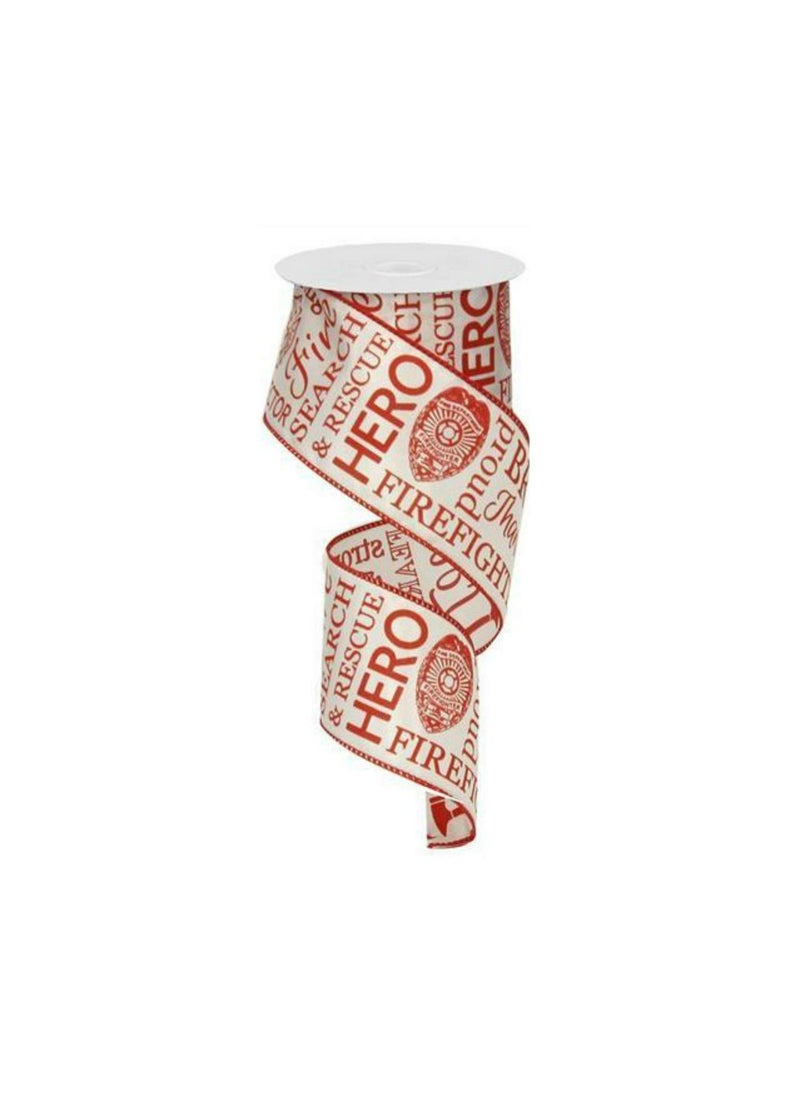 Expressions Firefighter Fire Fighter Support Wired Ribbon  White and Red  25 Inches x 10 Yards 30 feet  RG01593 