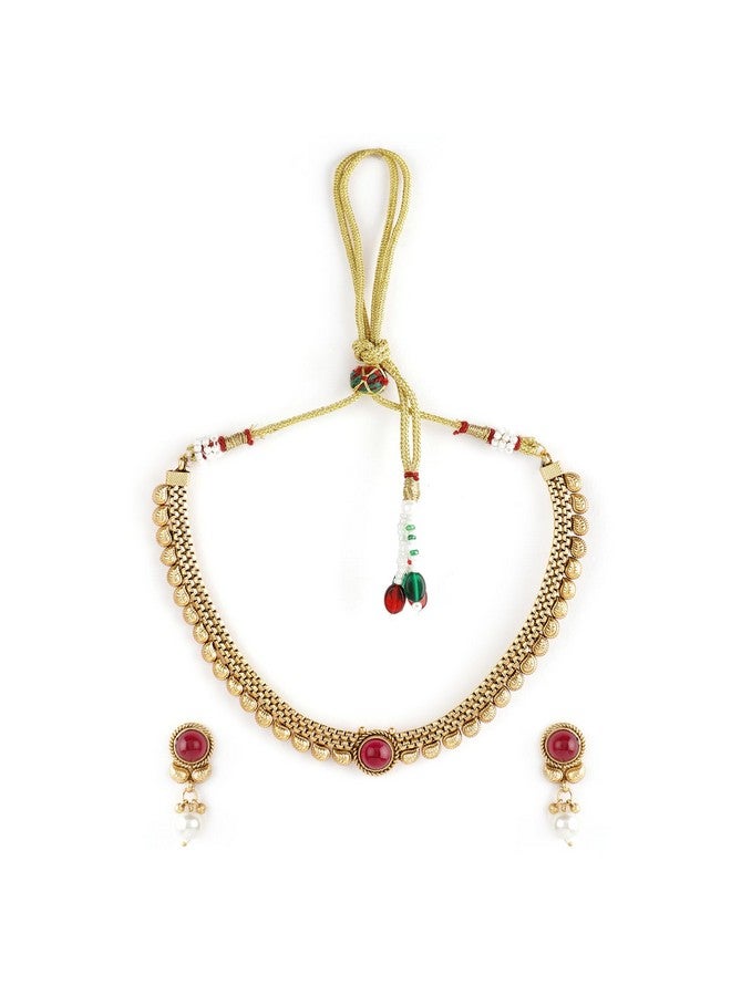 Rubans Traditional Gold Plated Pink Stone Studded Necklace Set For Women - Image 1