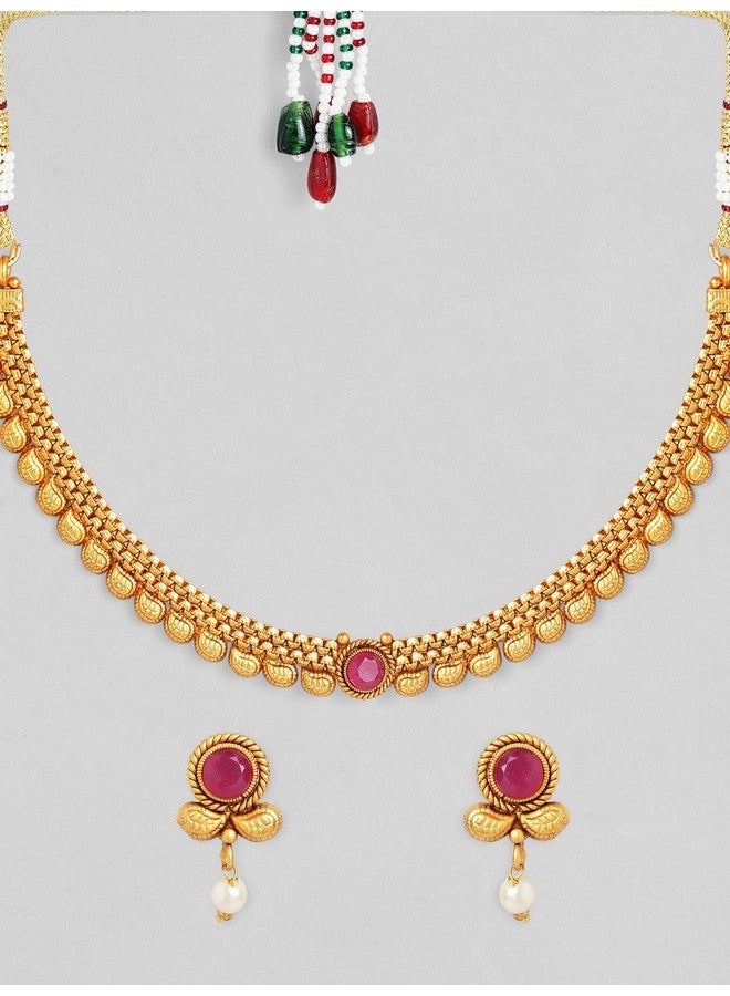 Rubans Traditional Gold Plated Pink Stone Studded Necklace Set For Women - Image 2
