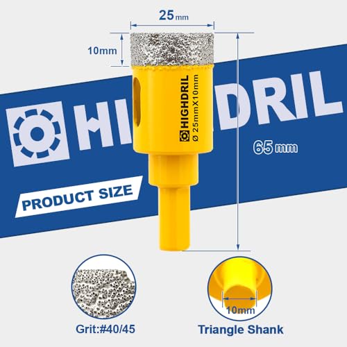 HIGHDRIL بت حفر الماس الجاف، HIGHDRIL 2 قطع بقطر 25 مم 1" مع عمود مثلث ملحوم بالفراغ لخرسانة الجرانيت الرخام الزجاج بلاط البورسلين الطوب - Image 2
