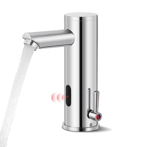 Fyeer Automatic Touchless Bathroom Sink Faucet Sensor Motion Activated Commercial Hands Free Single Tap Temperature Control Adjustable Handle Auto Basin Brass Faucets for Home Vanity Chrome Polished Finish - Image 1