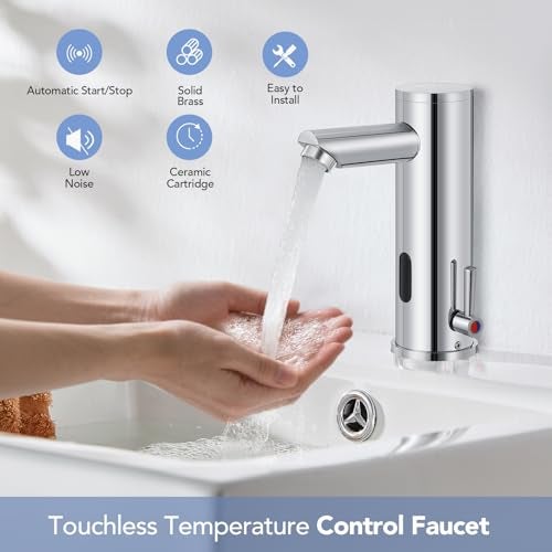 Fyeer Automatic Touchless Bathroom Sink Faucet Sensor Motion Activated Commercial Hands Free Single Tap Temperature Control Adjustable Handle Auto Basin Brass Faucets for Home Vanity Chrome Polished Finish - Image 2