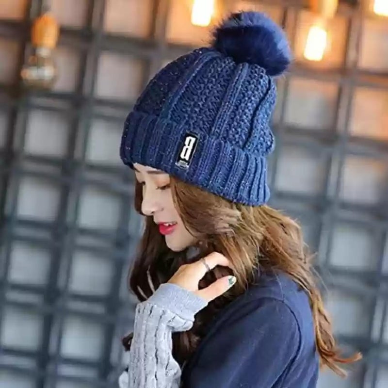 RR DESIGN Fashion Women Winter Soft Warm Snow Proof Pom Cap for Women Woolen Beanie Cap or Women's, Beanie Cap, Winter Caps for Girls Woolen Cap, Women's Running Headwear (Navyblue) - Image 2