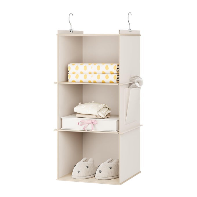 HANGING STORAGE 3 SHELVES CLOSET ORGANIZERS AND STORAGE FOLDABLE HANGING SHELVES WITH SIDE POCKETS WARDROBE ORGANIZER FOR CLOTHES BEIGE
