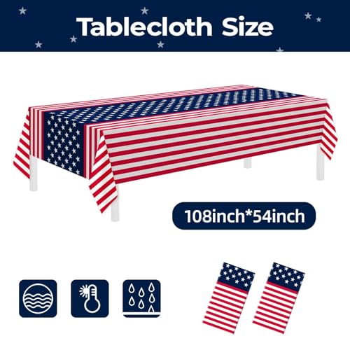 Childom 2 Pack Patriotic Tablecloths,Patriotic Decorations 54" x 108" Disposable American Flag Tablecloths for Event,Party Table Cloth Plastic for Veterans Day,4th of July,Picnic,Dinner,Party Supplies - Image 2