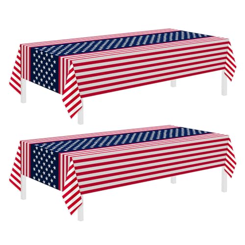 Childom 2 Pack Patriotic Tablecloths,Patriotic Decorations 54" x 108" Disposable American Flag Tablecloths for Event,Party Table Cloth Plastic for Veterans Day,4th of July,Picnic,Dinner,Party Supplies - Image 1