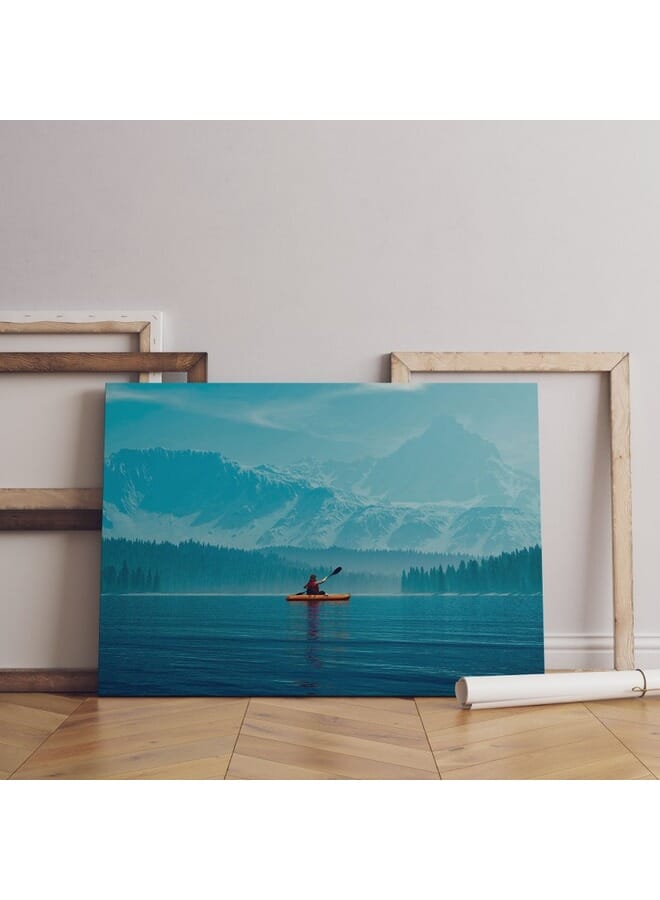 Home Gallery Woman Kayaking Into A Lake With Mountains Canvas Wall Art  - Image 1