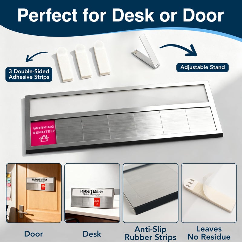 EliteSign Name Plate for Desk& Office Door Sign, 7 Options Do Not Disturb, In A Meeting, Out of Office, Working Remotely, Please Knock, Come in Welcomeï¼ŒStick or Stand with Desk Name Plate, Brushed Silver - Image 4
