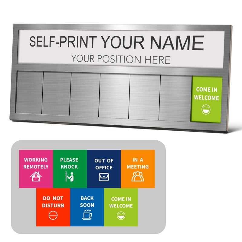 EliteSign Name Plate for Desk& Office Door Sign, 7 Options Do Not Disturb, In A Meeting, Out of Office, Working Remotely, Please Knock, Come in Welcomeï¼ŒStick or Stand with Desk Name Plate, Brushed Silver - Image 1