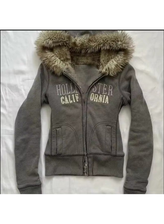 Cross-border Y2K American Vintage Letter Embroidery Autumn And Winter Wool Collar Hooded Cardigan Jacket Sweater Jacket 2025