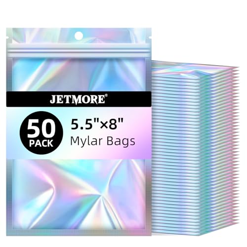 JETMORE Mylar Bags, 50 PCS Resealable Bags-5.5x8in, Holographic Bag for Office Supplies, Craft Materials, Little Bag for Postcards, Dispensary Packaging of Products - Image 1