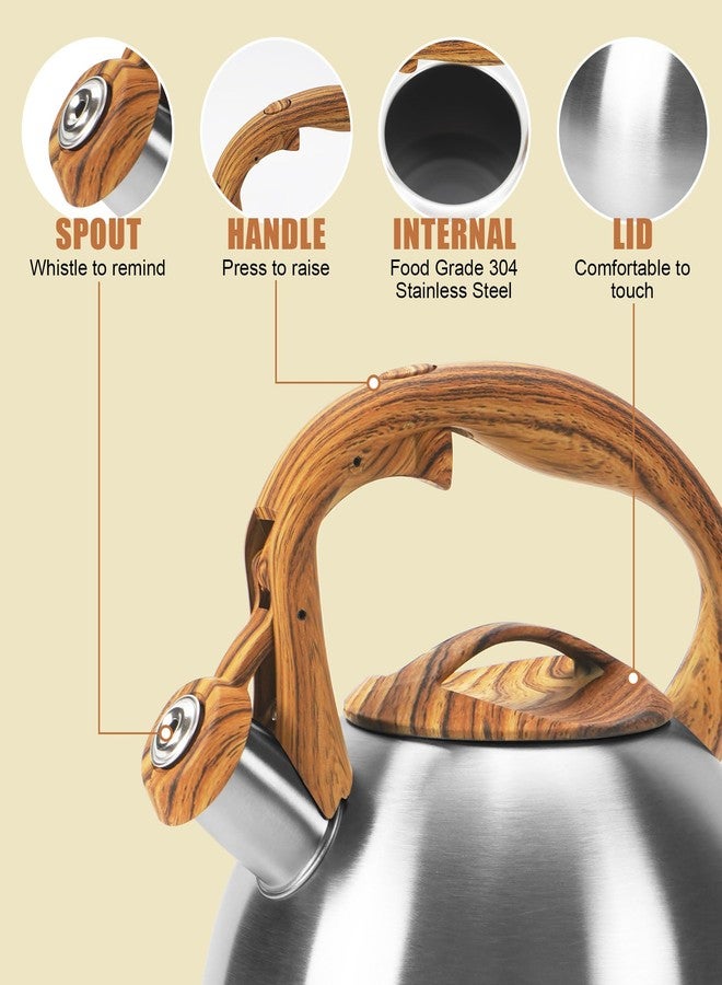 foedo Classic Stainless Steel Whistling Kettle 3.2 Quart - Brushed Metal Finish with Wooden Handle, Stovetop Water Boiler for Home & Kitchen, Loud Alert Whistle & Drip-Free Spout (Silver) - Image 4