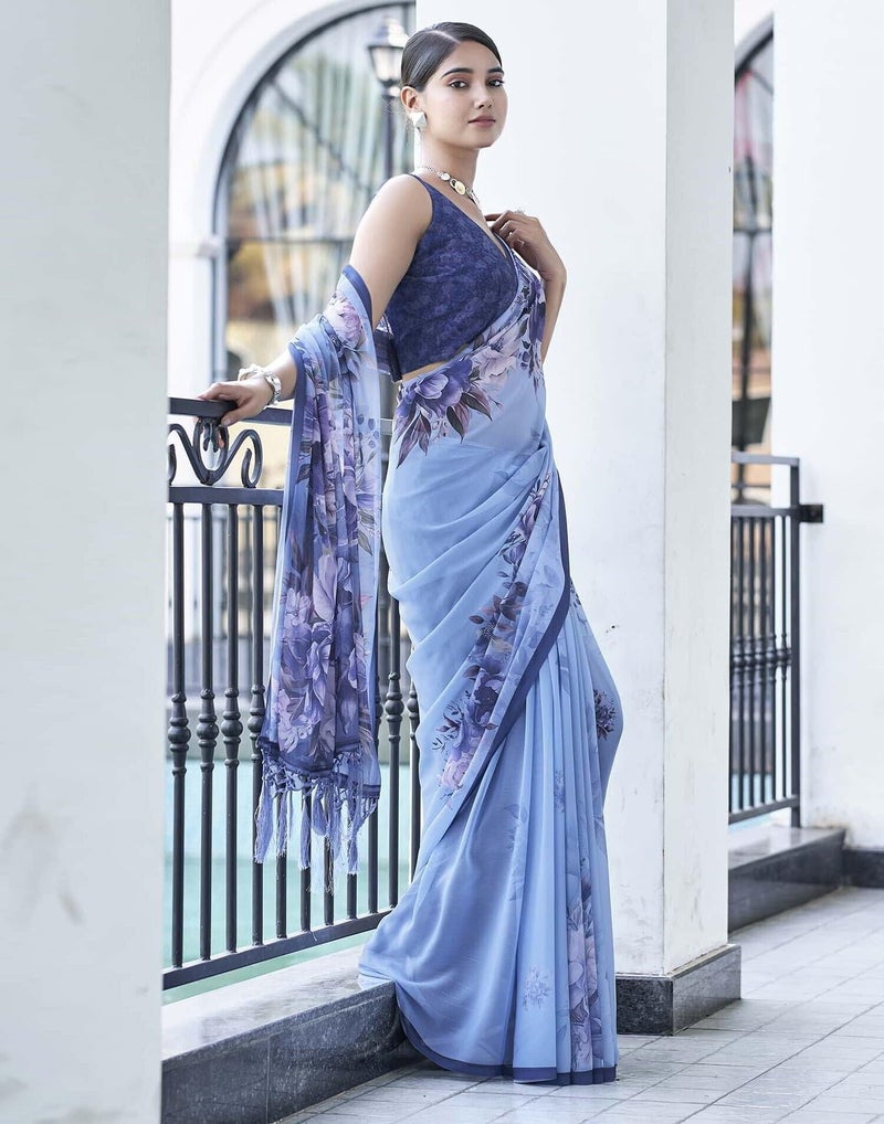 Shiv Textiles Women's Weightless Chiffon Floral Printed & Tassels Saree(SAT-535S- BLUE & MULTI) - Image 3