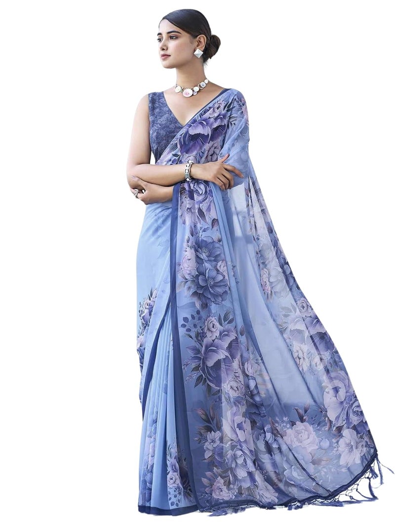 Shiv Textiles Women's Weightless Chiffon Floral Printed & Tassels Saree(SAT-535S- BLUE & MULTI) - Image 1