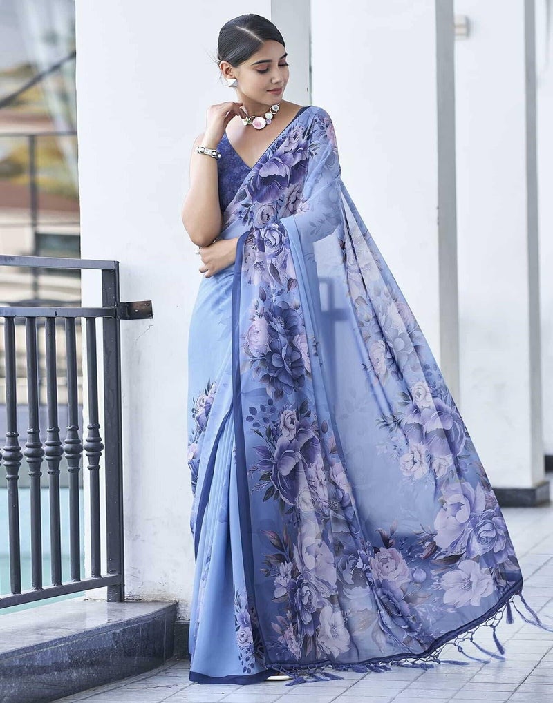 Shiv Textiles Women's Weightless Chiffon Floral Printed & Tassels Saree(SAT-535S- BLUE & MULTI) - Image 2