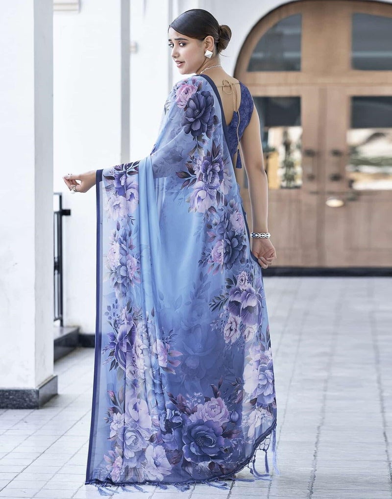 Shiv Textiles Women's Weightless Chiffon Floral Printed & Tassels Saree(SAT-535S- BLUE & MULTI) - Image 4