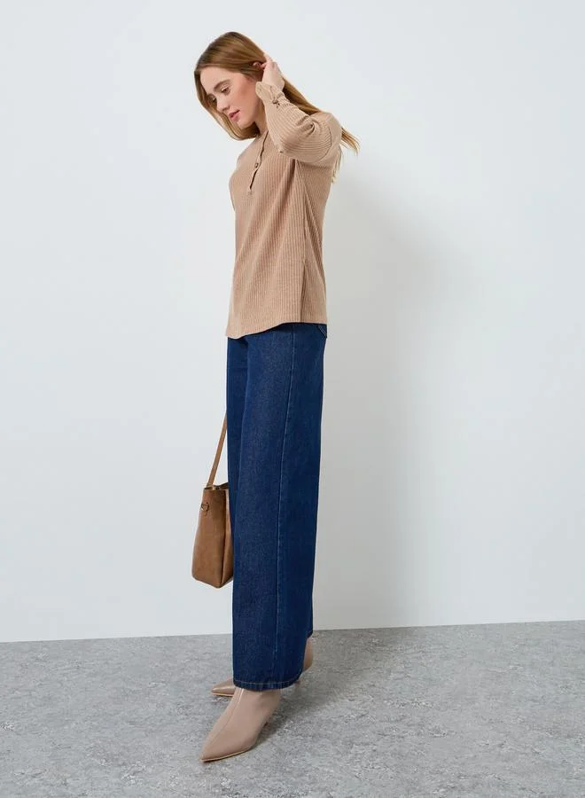 Take Two Women Beige Ribbed Knit Top with Button Detail