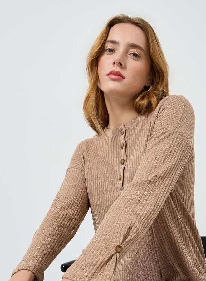 Take Two Women Beige Ribbed Knit Top with Button Detail
