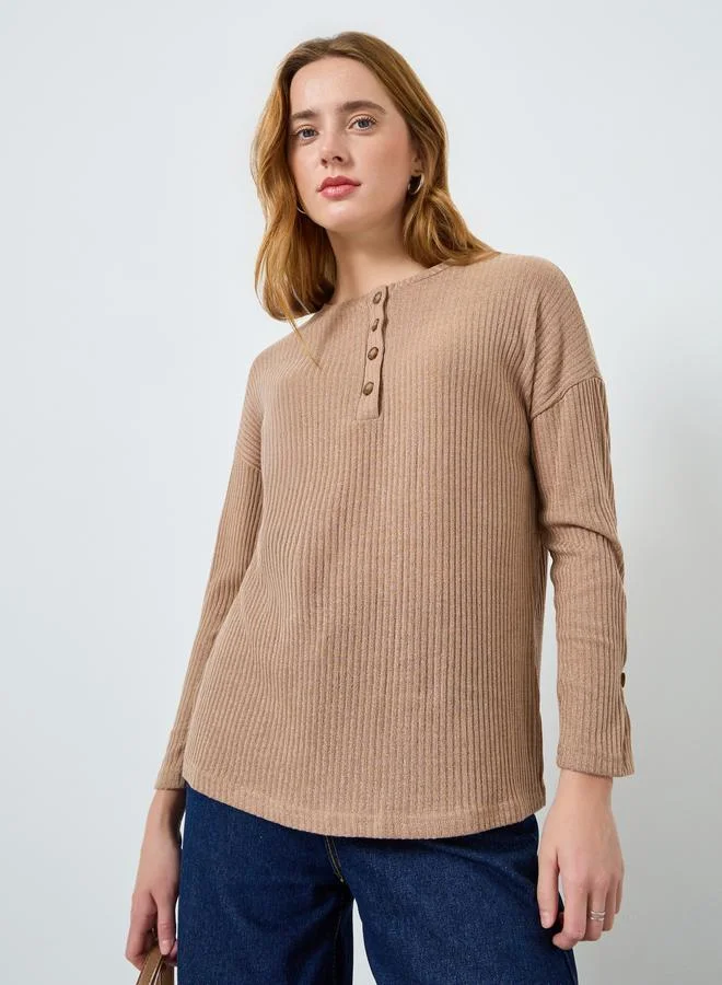 Take Two Women Beige Ribbed Knit Top with Button Detail