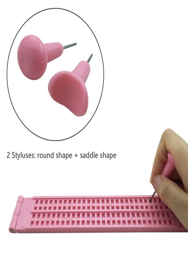 VISIONU 4 Lines 28 Cells Braille Writing Slate with 2 pcs Styluses, Braille Slate Kit with Plastic Box, Pink - Image 5