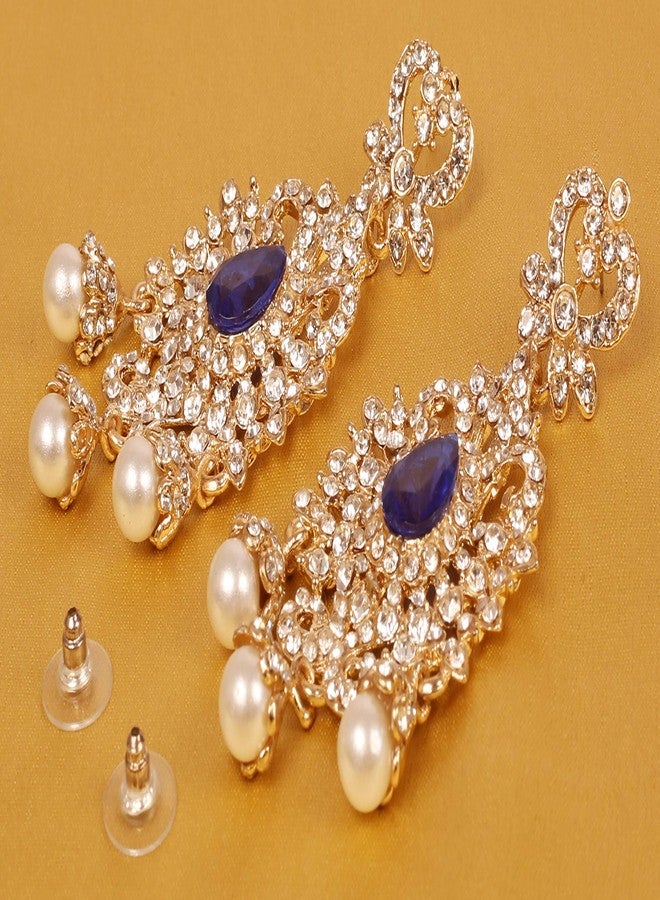 تتش ستون جديد! أقراط متدلية رائعة من تصميم تاتشستون، مستوحاة من الطراز الهندي البوليوودي الملكي، مرصعة بأحجار الراين والياقوت الأزرق الصناعي واللؤلؤ، بتصميم أنيق وجذاب، مطلية بالذهب للنساء. - Image 4