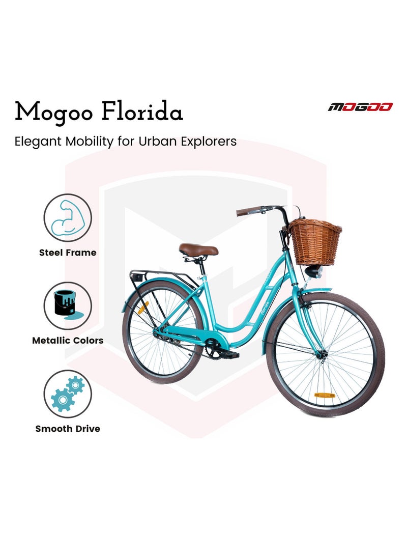 MOGOO - Mogoo Florida Single Speed Cruiser Bike 26 Inch - Classic City Bike - Steel Frame Fixed-Gear Road-Bike - Comfort Cycle For Women - Bicycle Adult - Wicker Basket - Rear Carrier - Dynamo-Light - Green - Image 1