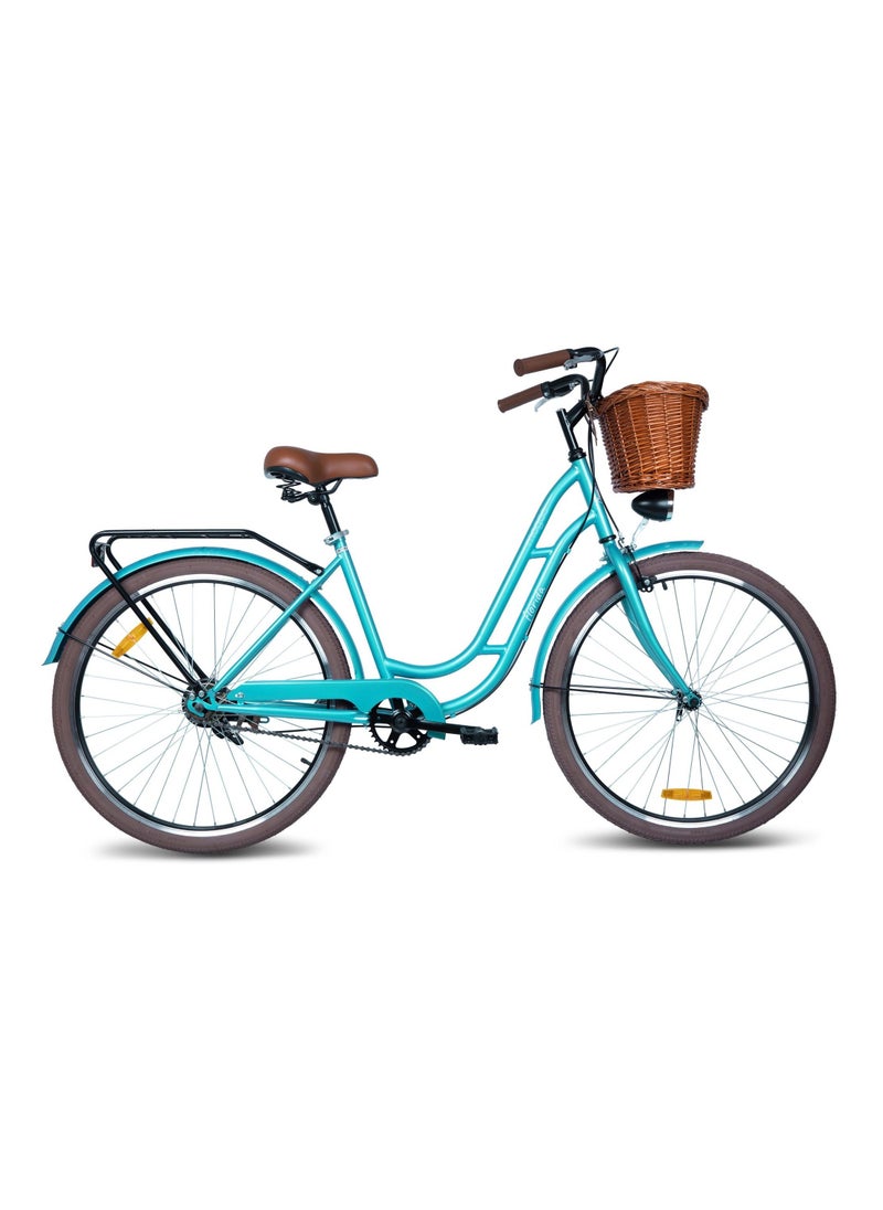 MOGOO - Mogoo Florida Single Speed Cruiser Bike 26 Inch - Classic City Bike - Steel Frame Fixed-Gear Road-Bike - Comfort Cycle For Women - Bicycle Adult - Wicker Basket - Rear Carrier - Dynamo-Light - Green - Image 1