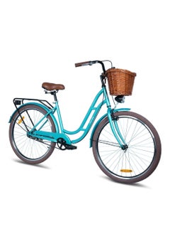 Mogoo Florida Single Speed Cruiser Bike 26 Inch - Classic City Bike - Steel Frame Fixed-Gear Road-Bike - Comfort Cycle For Women - Bicycle Adult - Wicker Basket - Rear Carrier - Dynamo-Light - Green