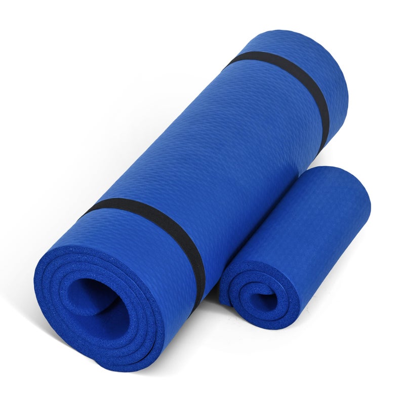 CAP Barbell High Density Exercise Yoga Mat with strap and Knee Pad 71x24x12 BLUE