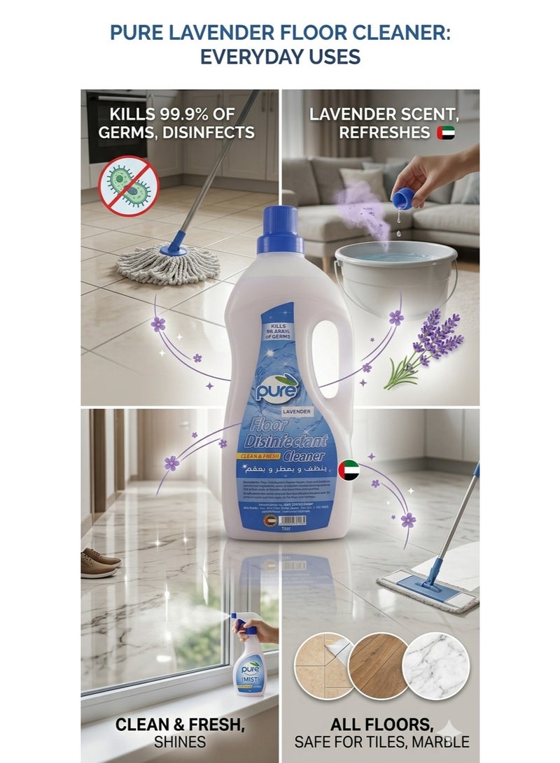 PURE Lavender Scent Floor Cleaner and Disinfectant - 1 Litre Bottle for Tiles, Marble, and All Hard Floors - Image 2