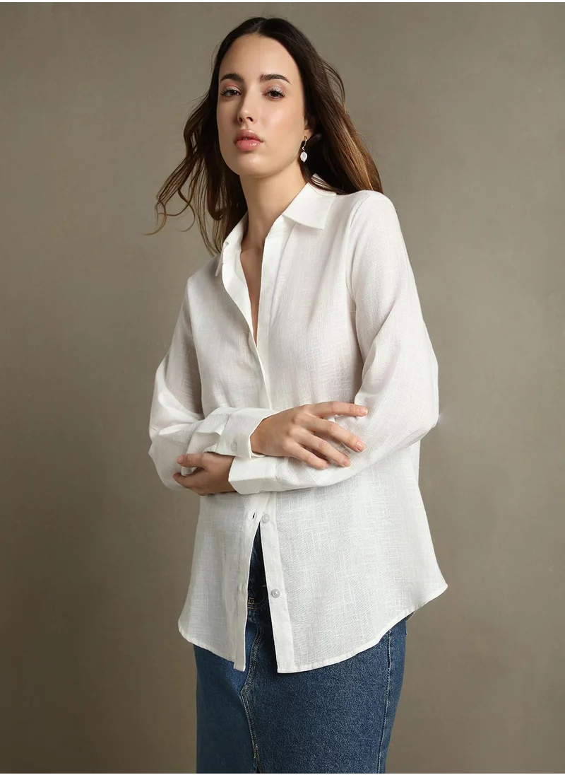 Dennis Lingo Women's White Cotton Blend Textured Oversized Shirt