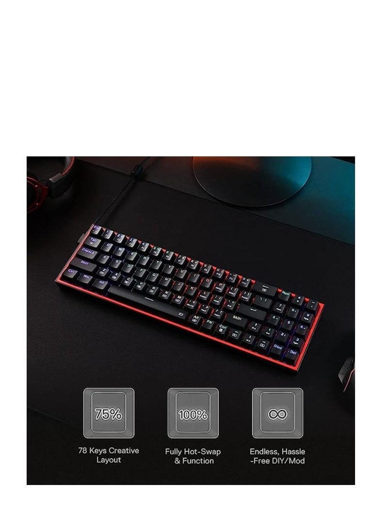 REDRAGON - Redragon K628 Pollux 75% Wired RGB Gaming Keyboard, 78 Keys Hot-Swappable Compact Mechanical Keyboard w/100% Hot-Swap Socket, Free-Mod Plate Mounted PCB & Dedicated Arrow Keys and Numpad, Red Switch - Image 1