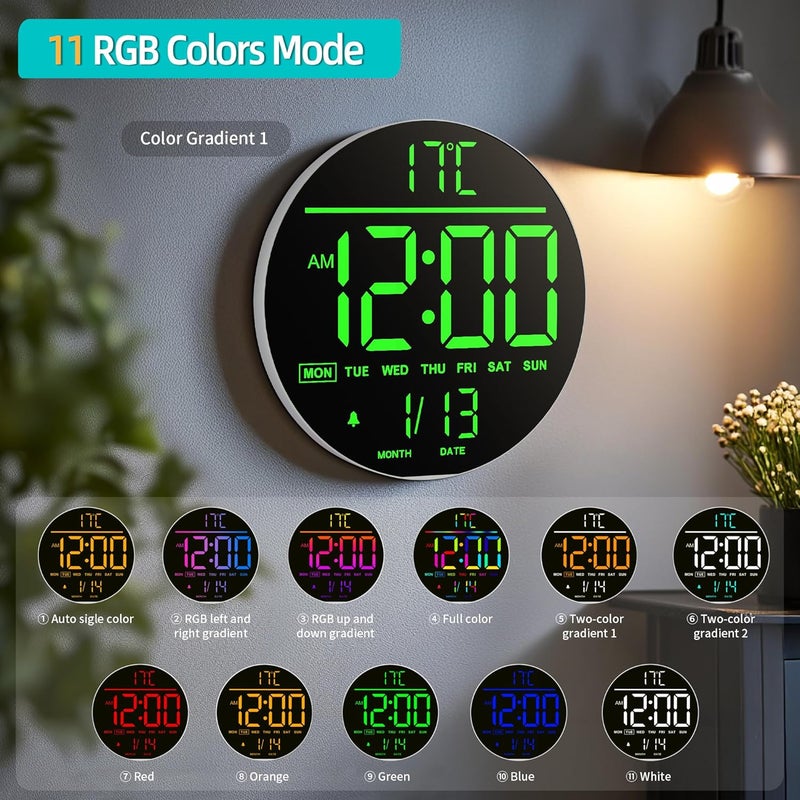 ماكس ستار ساعة حائط رقمية من ماكستار مقاس 10 بوصات مع جهاز تحكم عن بعد، 8 ألوان RGB، شاشة LED كبيرة، سطوع تلقائي، توقيت صيفي، درجة حرارة، منبه - أسود لغرفة المعيشة وغرفة النوم والمطبخ - Image 3