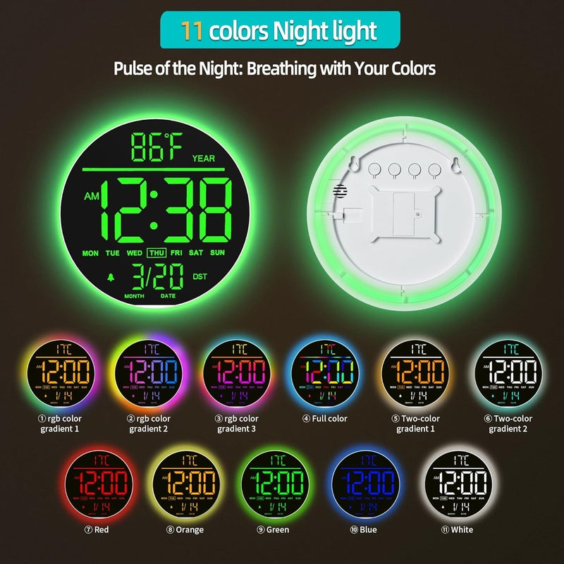 ماكس ستار ساعة حائط رقمية من ماكستار مقاس 10 بوصات مع جهاز تحكم عن بعد، 8 ألوان RGB، شاشة LED كبيرة، سطوع تلقائي، توقيت صيفي، درجة حرارة، منبه - أسود لغرفة المعيشة وغرفة النوم والمطبخ - Image 4