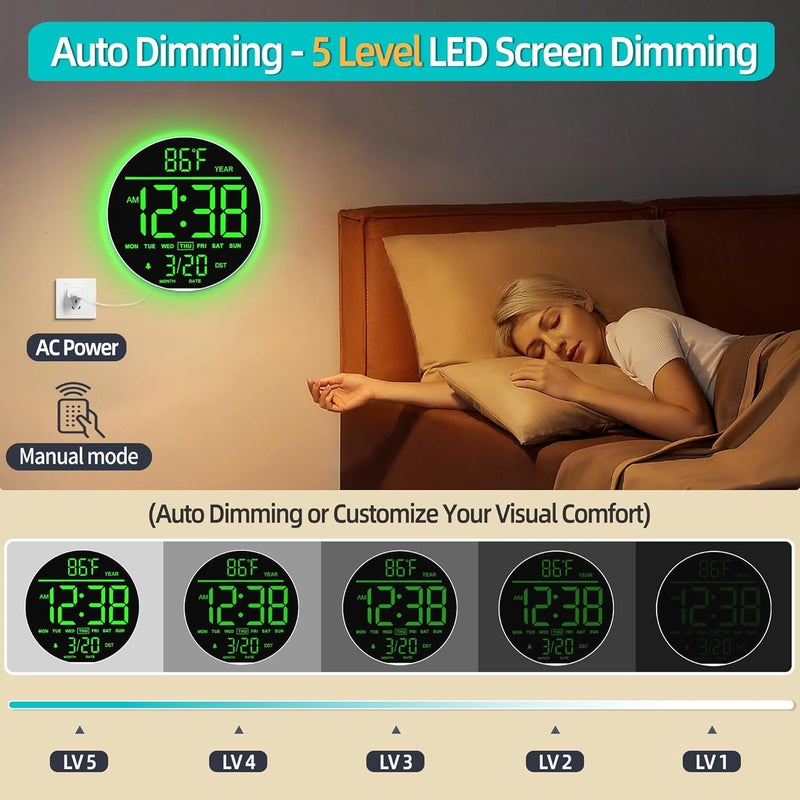 ماكس ستار ساعة حائط رقمية من ماكستار مقاس 10 بوصات مع جهاز تحكم عن بعد، 8 ألوان RGB، شاشة LED كبيرة، سطوع تلقائي، توقيت صيفي، درجة حرارة، منبه - أسود لغرفة المعيشة وغرفة النوم والمطبخ - Image 5