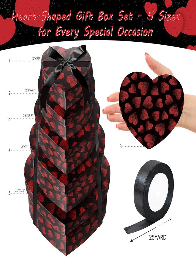 Linelglobal Heart Gift Box with Lid for Flower, Present, Valentine Day, Birthday, Anniversary, Wedding, Bridesmaid 5 Flower Box Assortment Size Stackble - Black - Image 3