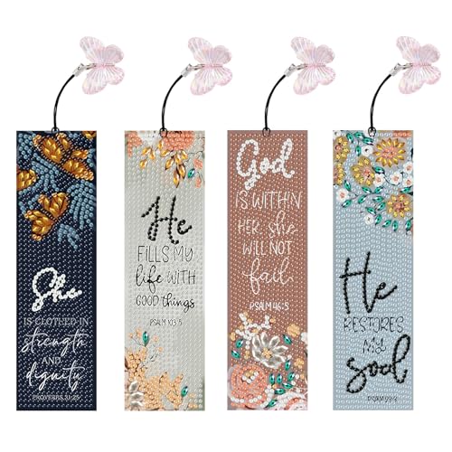 hkejoi Bible Diamond Art Bookmarks for Adults, 4 PCS Bible Diamond Painting Bookmarks with Pendant, 5d Gem Art, Acrylic Bookmark Easy DIY Crafts for Books Decor Gift - Image 1