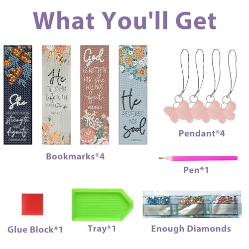 hkejoi Bible Diamond Art Bookmarks for Adults, 4 PCS Bible Diamond Painting Bookmarks with Pendant, 5d Gem Art, Acrylic Bookmark Easy DIY Crafts for Books Decor Gift - Image 4