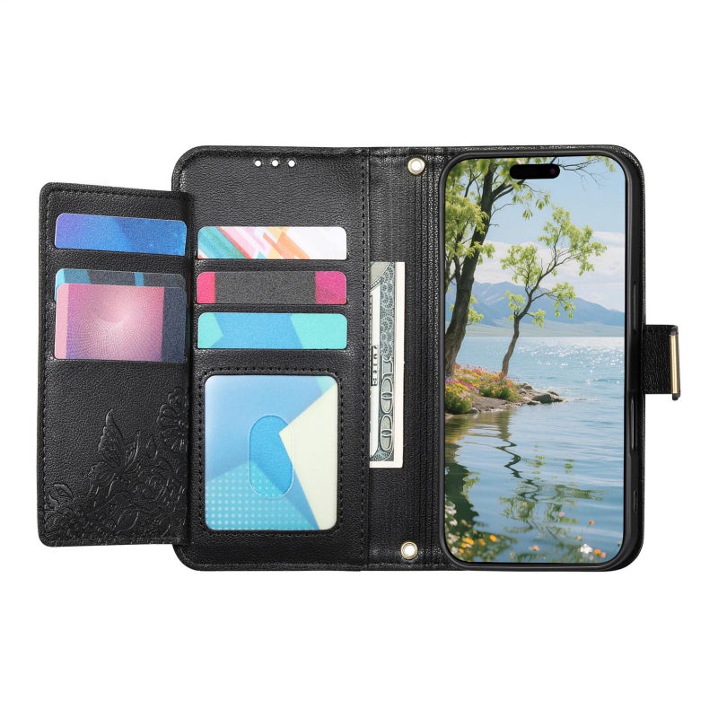 إيروريكس جراب هاتف جلدي بسحاب وأوراق زهور مع حزام لهاتف Honor X60 Pro / X9c (أسود) - Image 3
