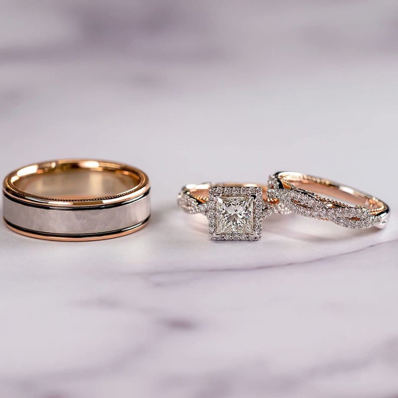 Vsoruln Engagement rings for couples set,3 pc His and Her Wedding Ring Set, Hypoallergenic Rose Gold Ring Set, Cubic Zirconia Bride Promise Rings Set,size 6-10 (10) - Image 2