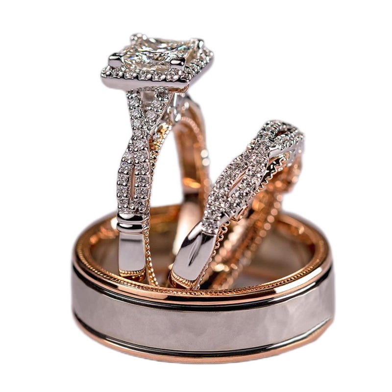 Vsoruln Engagement rings for couples set,3 pc His and Her Wedding Ring Set, Hypoallergenic Rose Gold Ring Set, Cubic Zirconia Bride Promise Rings Set,size 6-10 (10) - Image 1