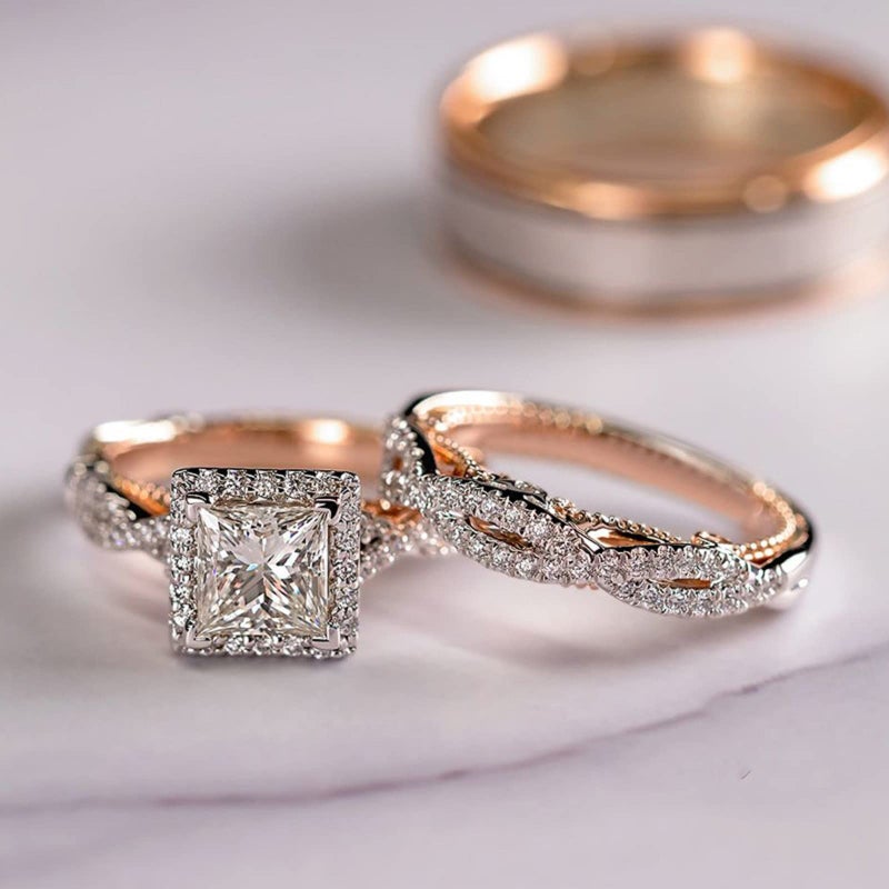 Vsoruln Engagement rings for couples set,3 pc His and Her Wedding Ring Set, Hypoallergenic Rose Gold Ring Set, Cubic Zirconia Bride Promise Rings Set,size 6-10 (10) - Image 3